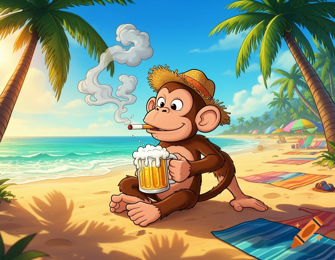 cartoon image of monkey drinking beer and smoking